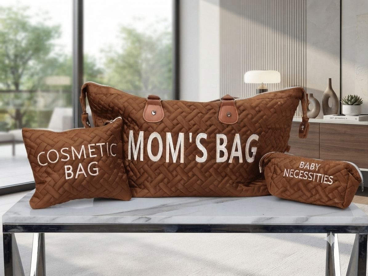3 Piece Quilted Mom Bag Set Large Capacity Diaper Bag Cosmetic Pouch Baby Essentials