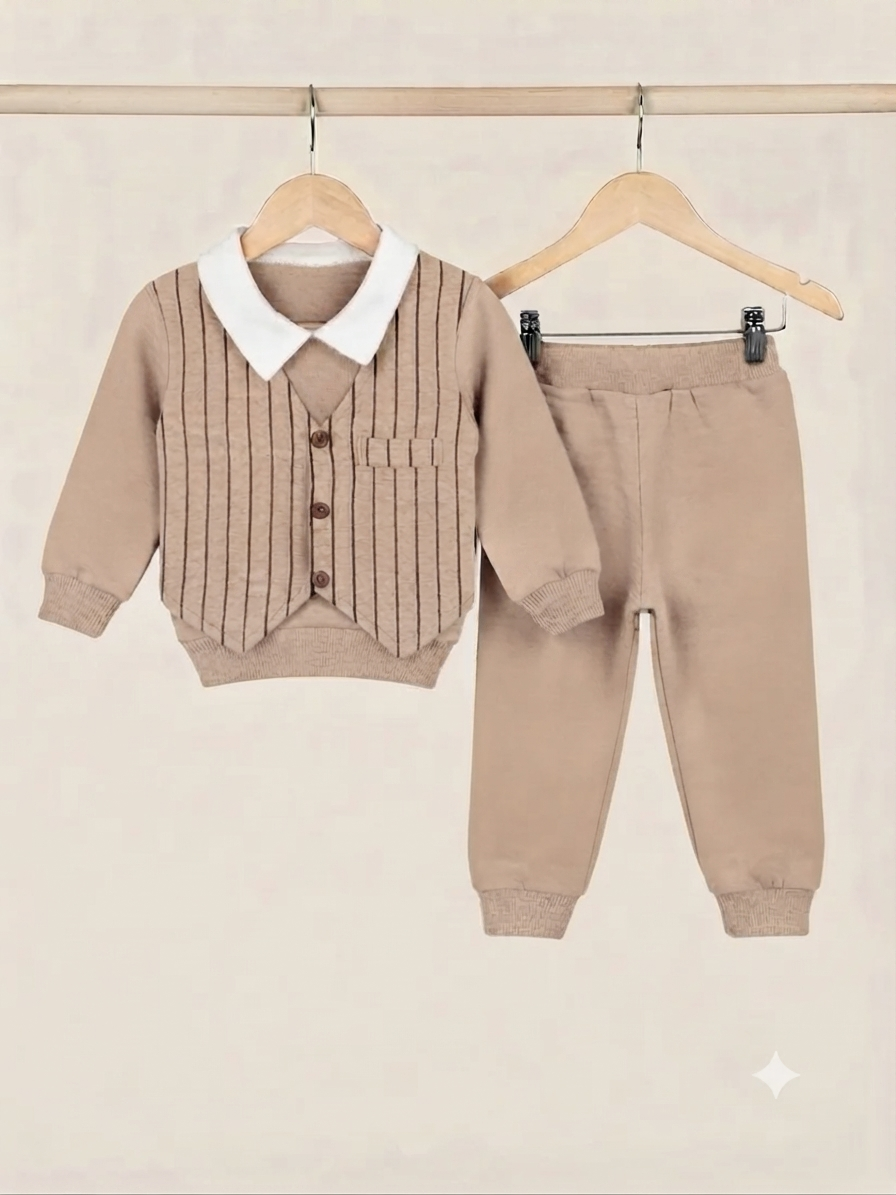 Kids Stylish Fake Waistcoat Style Shirt And Full Length Trouser Winter Outfit Set