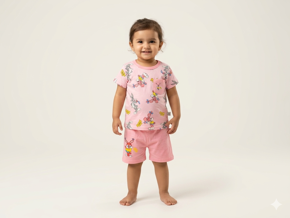 Girls Pink Bugs Bunny Character Print Cotton T-Shirt and Shorts Two-Piece Summer Outfit Set