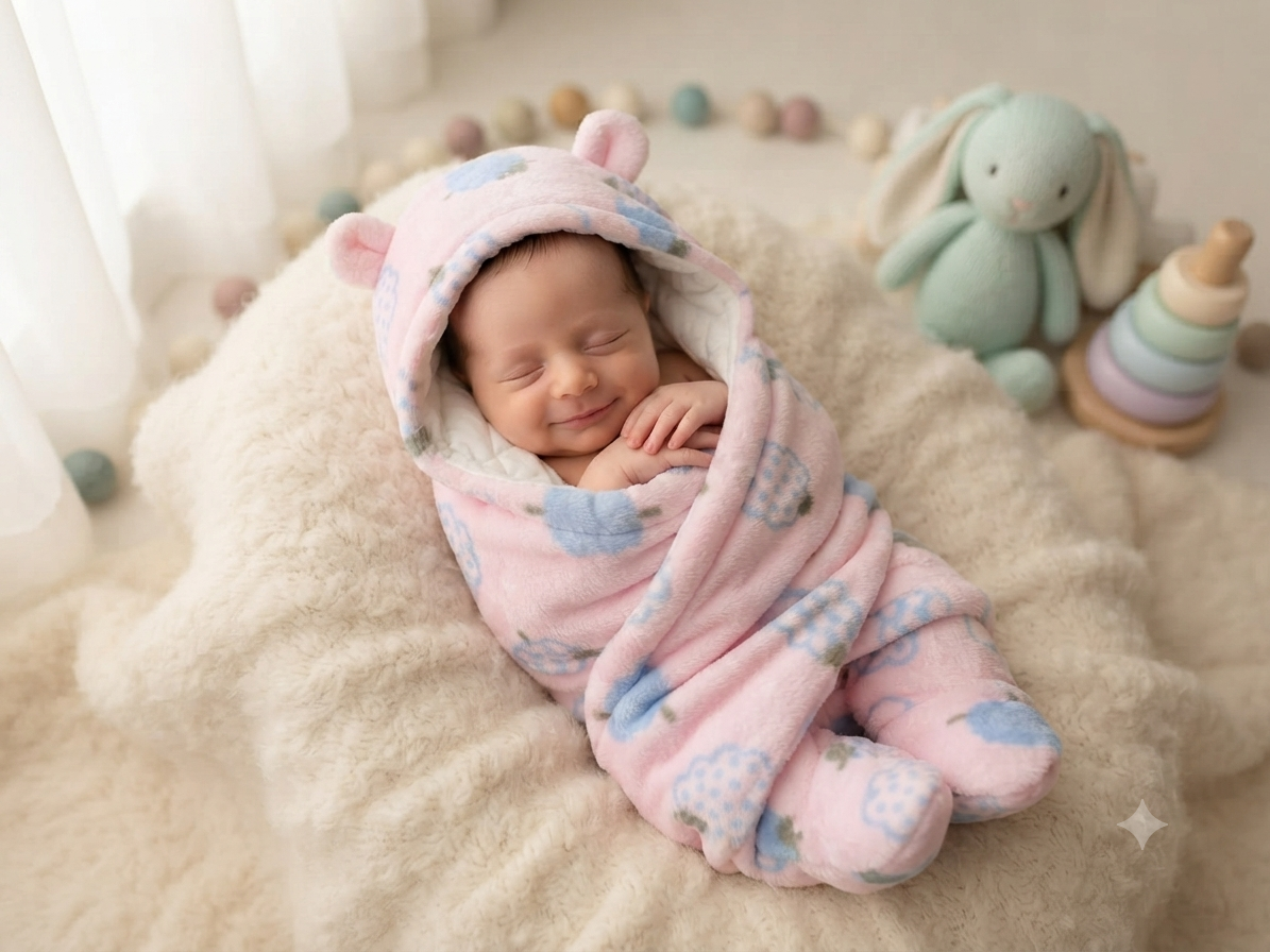 Soft Pink Cloud Print Baby Swaddle Wrap and Hooded Sleeping Bag Set