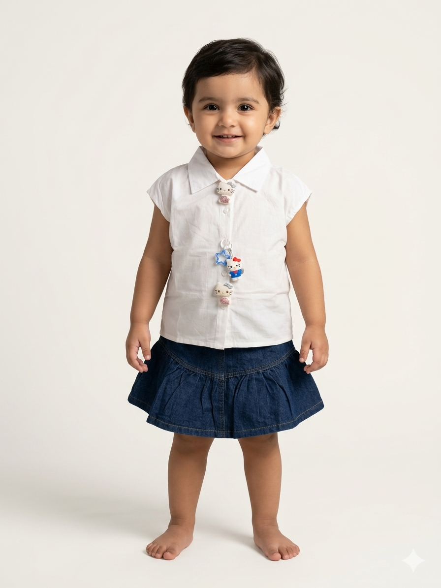 Adorable Toddler Girls Button Up Shirt And Denim Skirt Set With Character Charm Details