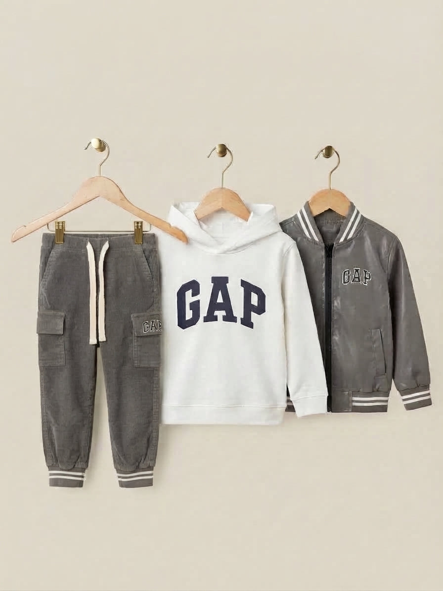 Stylish Kids 3-Piece Gap Outfit Set With Letter Hoodie Leather Jacket And Pants
