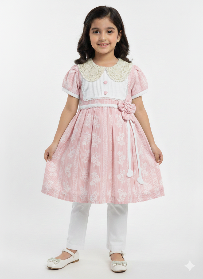 Girls Vintage Floral Frock and Trouser Set - Elegant Pastel Lace Collar Party Dress