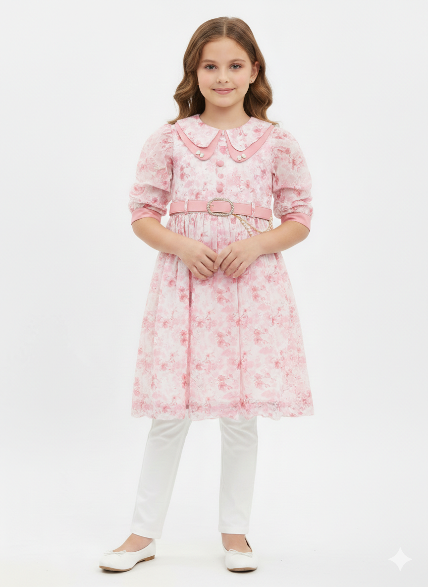 Girls' Floral Lace Party Frock with Embellished Belt and Matching White Trousers Set