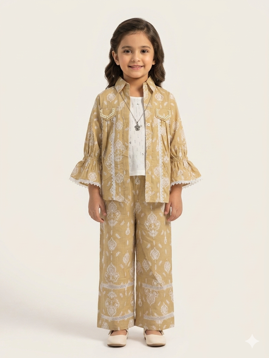Chic 3-Piece Printed Lawn Fusion Set for Girls - Includes Shirt, Inner Top, and Trousers