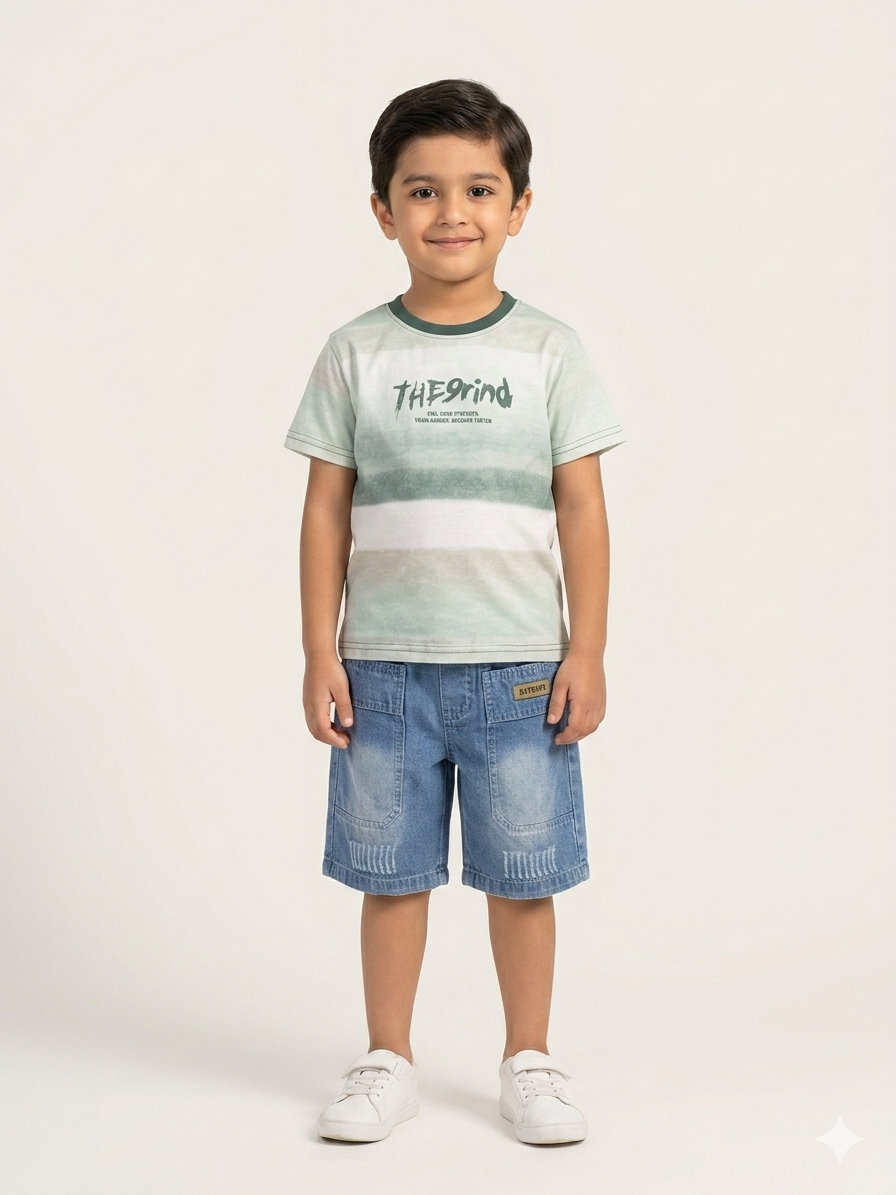 Boys Striped Graphic Tee and Denim Shorts 2-Piece Summer Everyday Outfit Set