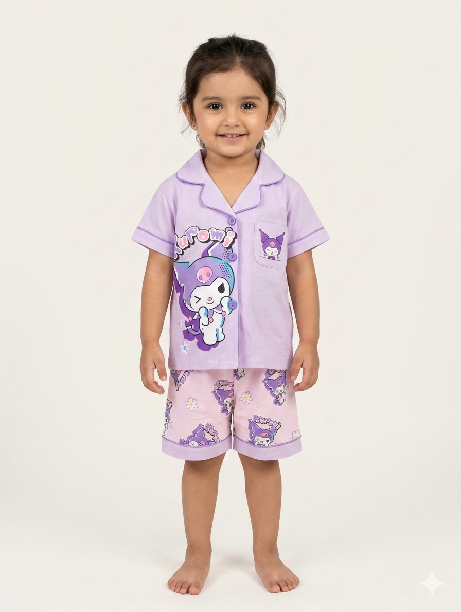 Kids' Purple Kuromi Character Short-Sleeve Pajama Set - Soft Cotton Button-Down Sleepwear Nightsuit