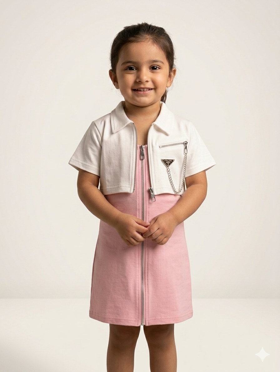 Girls Designer Inspired Zip-Front Dress and Bolero Set – Trendy Two-Piece Fashion Outfit