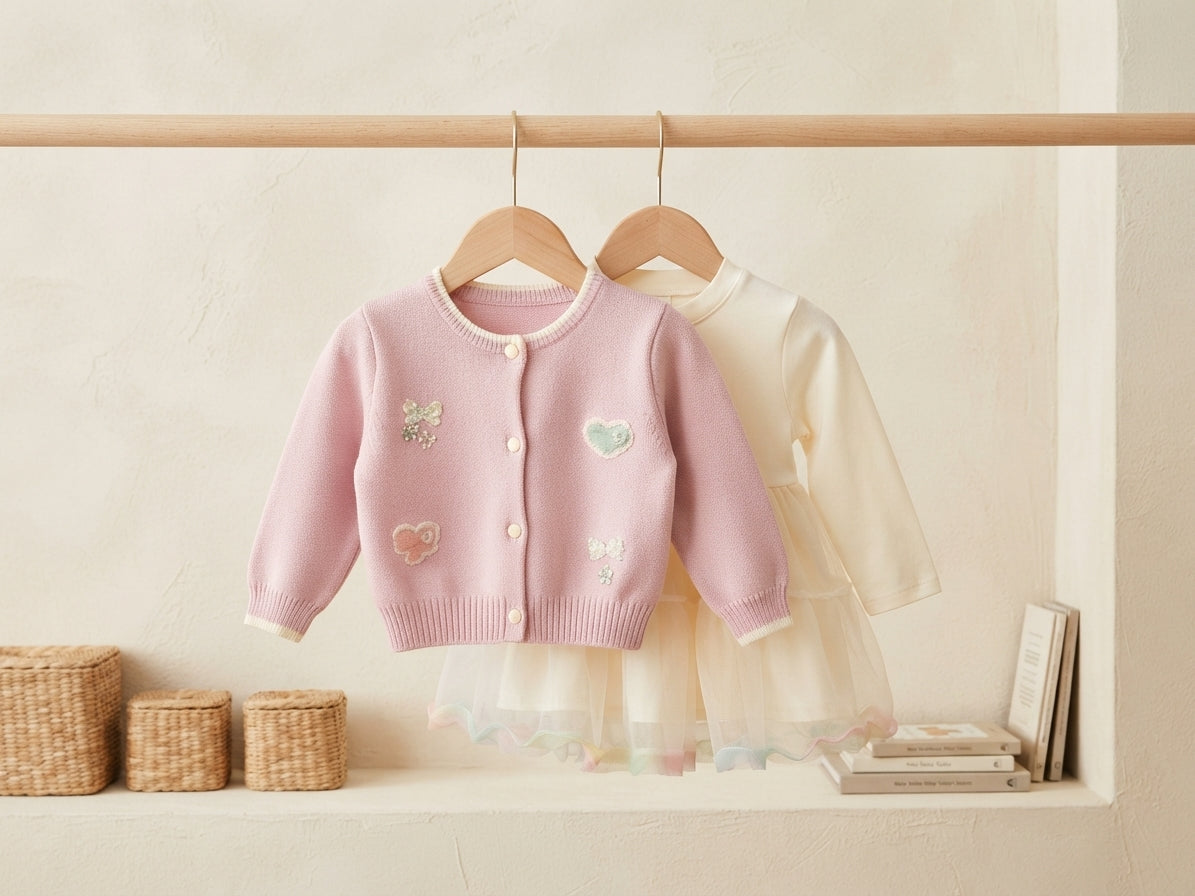 Stylish Kids Two Piece Embroidered Cardigan And Tulle Dress Outfit Set