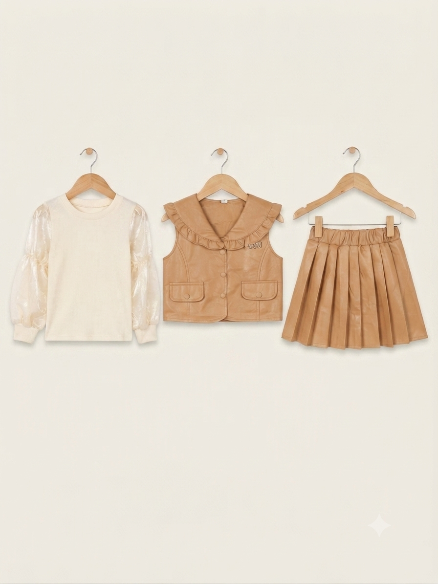 Girls Stylish 3 Piece Outfit Set Puff Sleeve Top Vest And Pleated Skirt