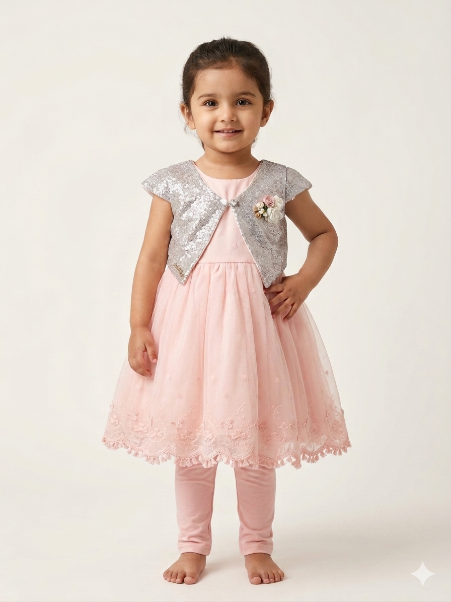 Girls Elegant White Embroidered Dress and Shimmering Silver Bolero Set