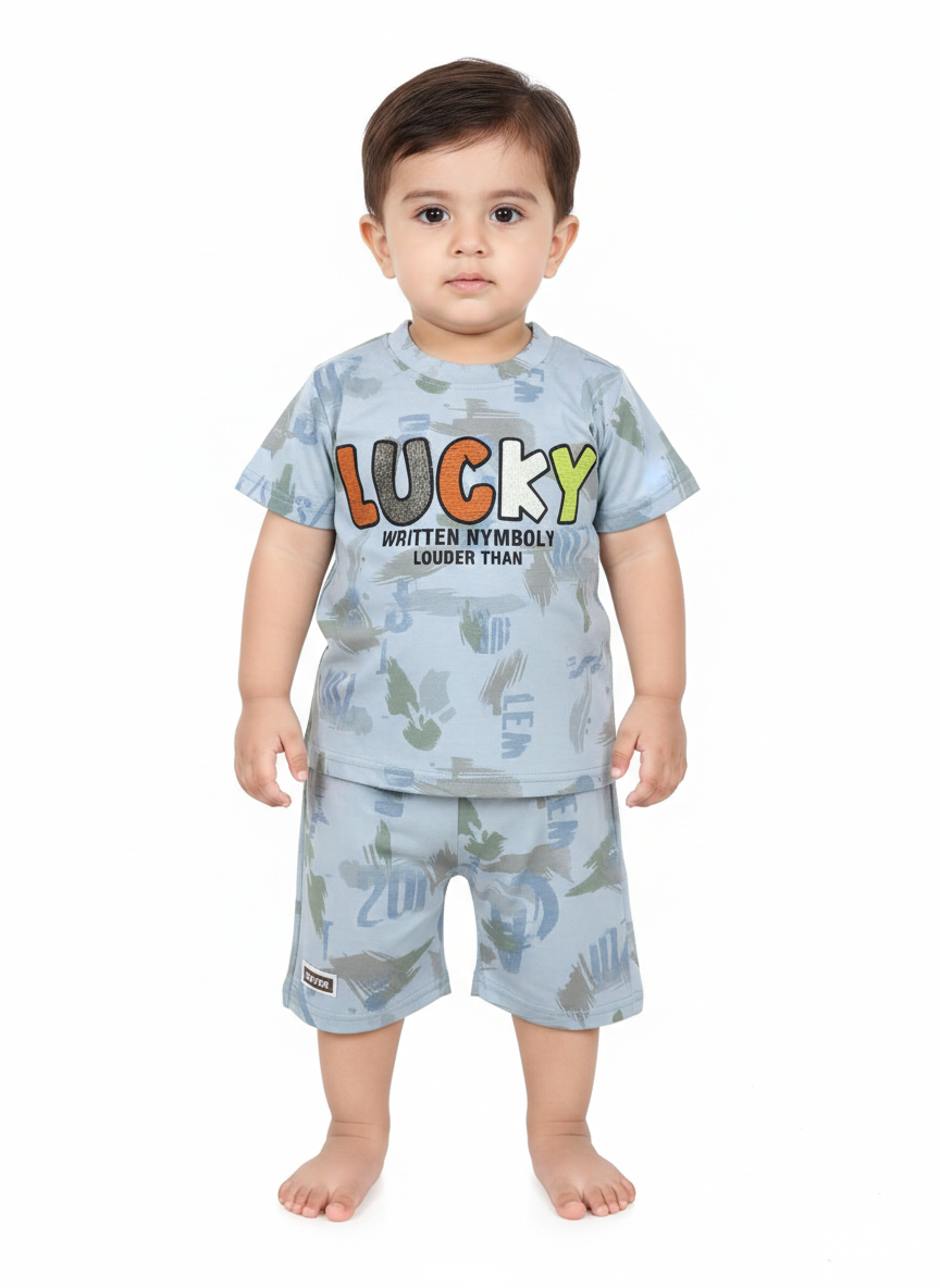 Boys' "Lucky" Abstract Print Cotton Tee and Shorts Two-Piece Summer Activewear Outfit Set