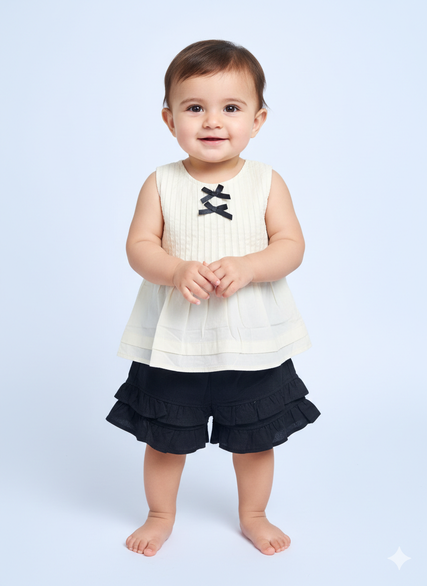 Baby Girls Cute Sleeveless Pleated Cream Top Paired With Stylish Black Ruffled Bloomers Shorts