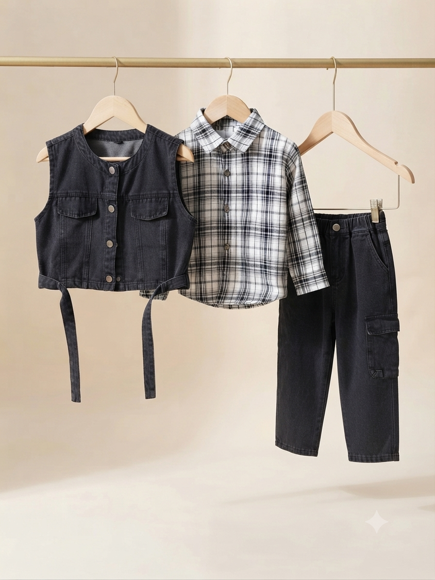 Stylish Kids 3-Piece Outfit Set With Denim Vest Plaid Shirt And Cargo Pants