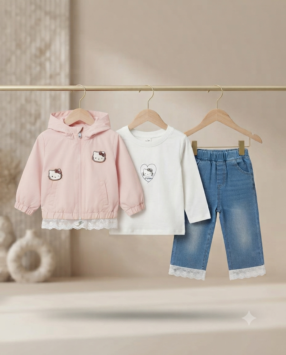 Hello Kitty Girls 3-Piece Outfit Set Featuring Jacket, White Top, And Lace Denim Jeans