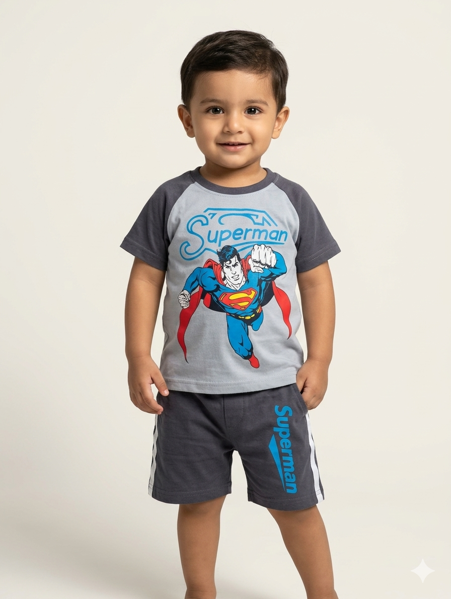 Boys Superman Character Print Cotton Raglan T-Shirt and Shorts Two-Piece Summer Outfit Playwear Set