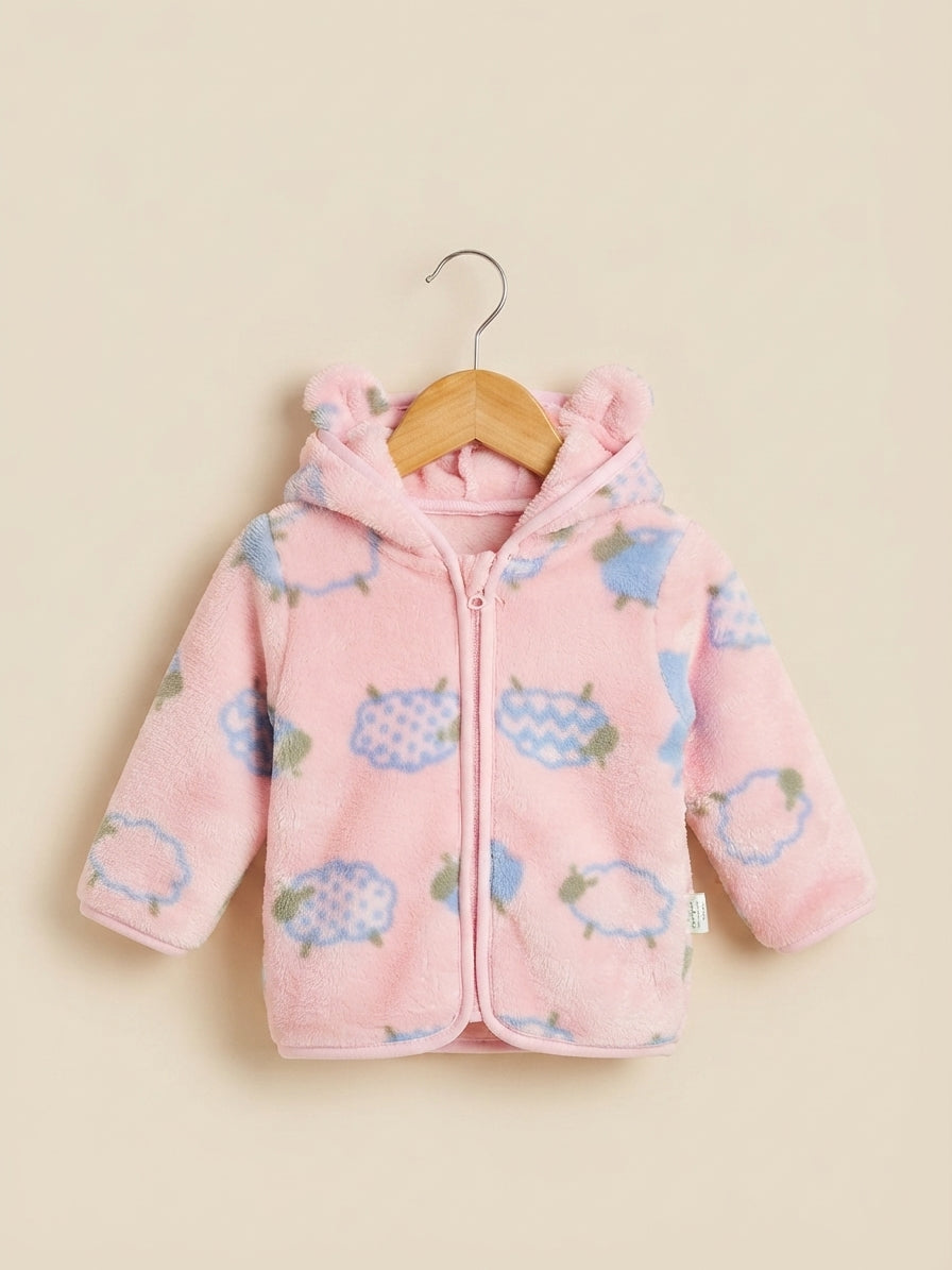 Cozy Pink Fleece Hoodie Featuring Cute Little Sheep Print For Baby Girls And Kids