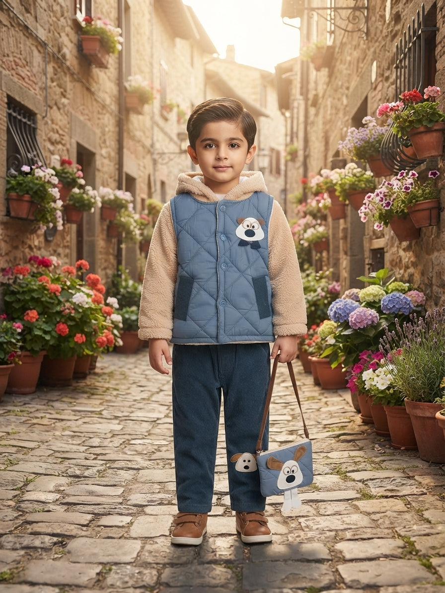 Cute Kids Winter Outfit Set with Hooded Jacket, Corduroy Pants, and Matching Dog Bag