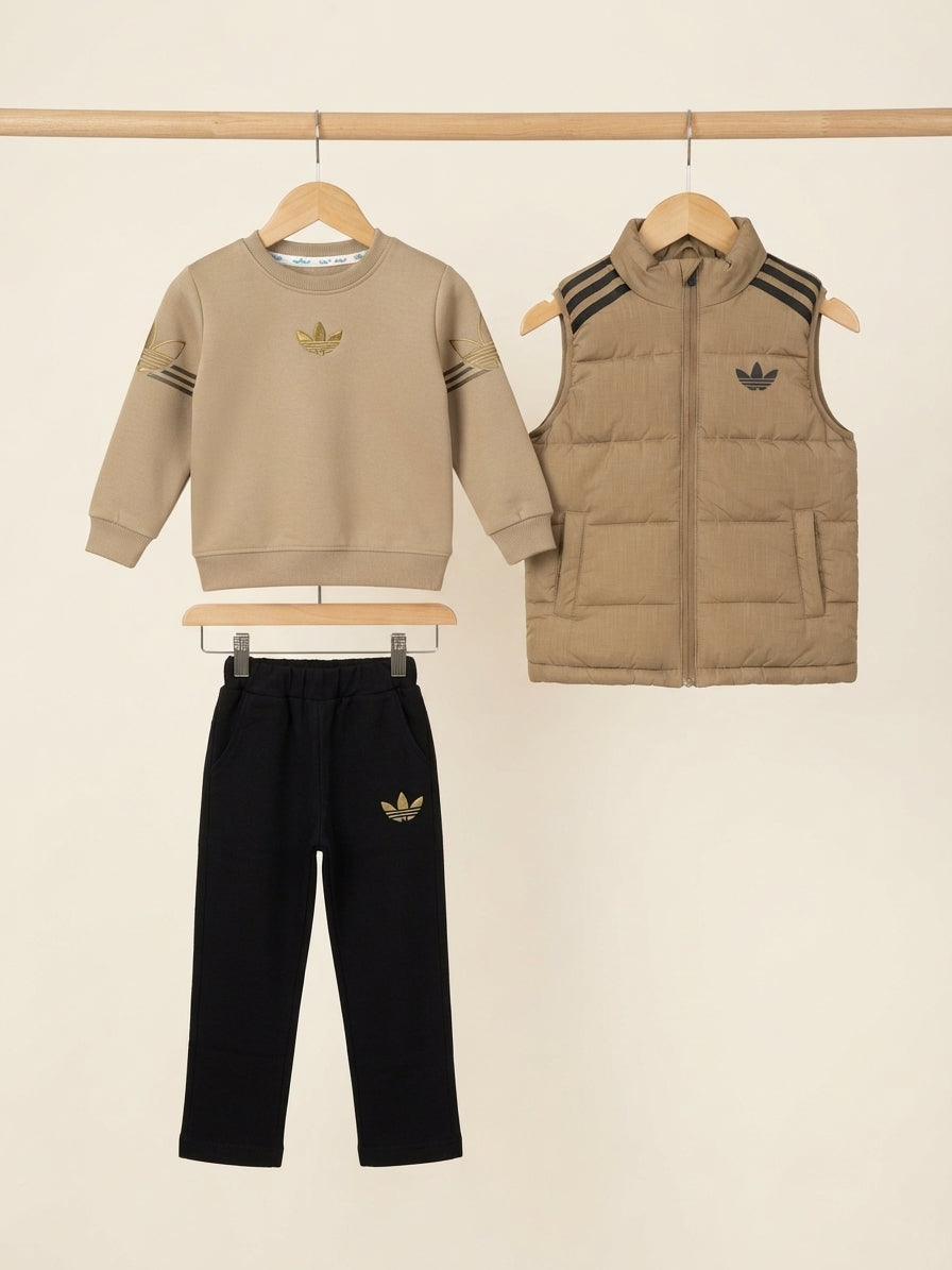Kids Brand Logo Printed Crewneck Sweatshirt Puffer Vest And Trouser 3 Piece Outfit Set