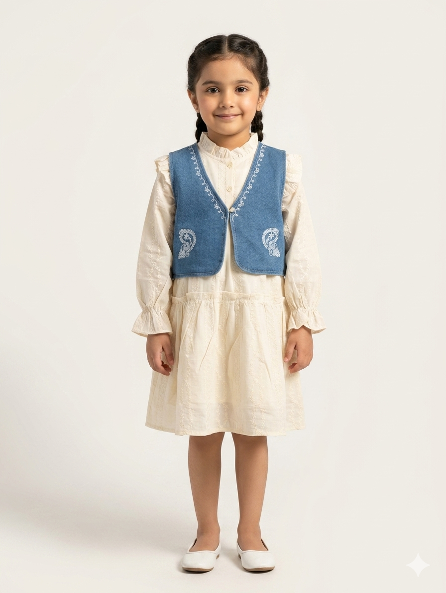 Girls Cream Ruffle Dress with Blue Embroidered Denim Vest Two-Piece Boho Chic Fashion Set
