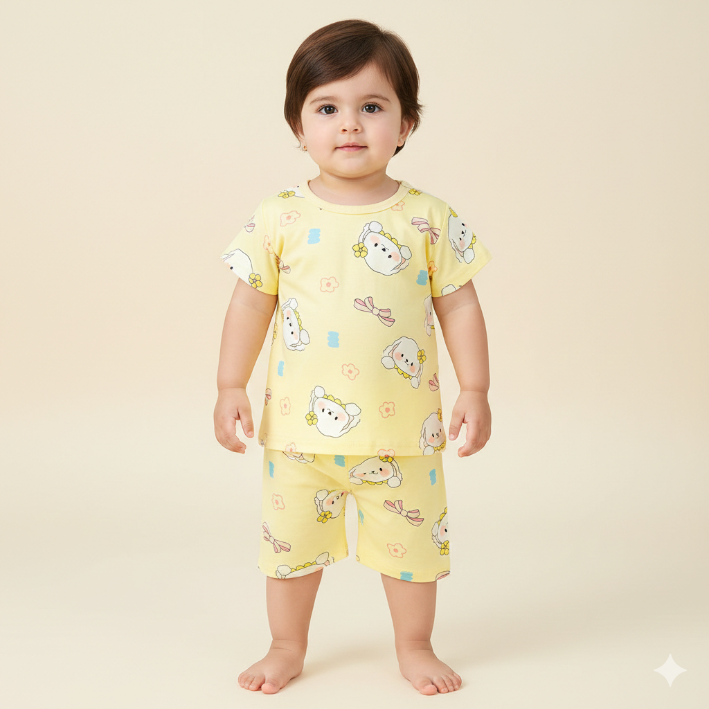 Cute Yellow Teddy Bear Print Toddler Kids Soft Summer Cotton T-Shirt and Shorts Set 🧸