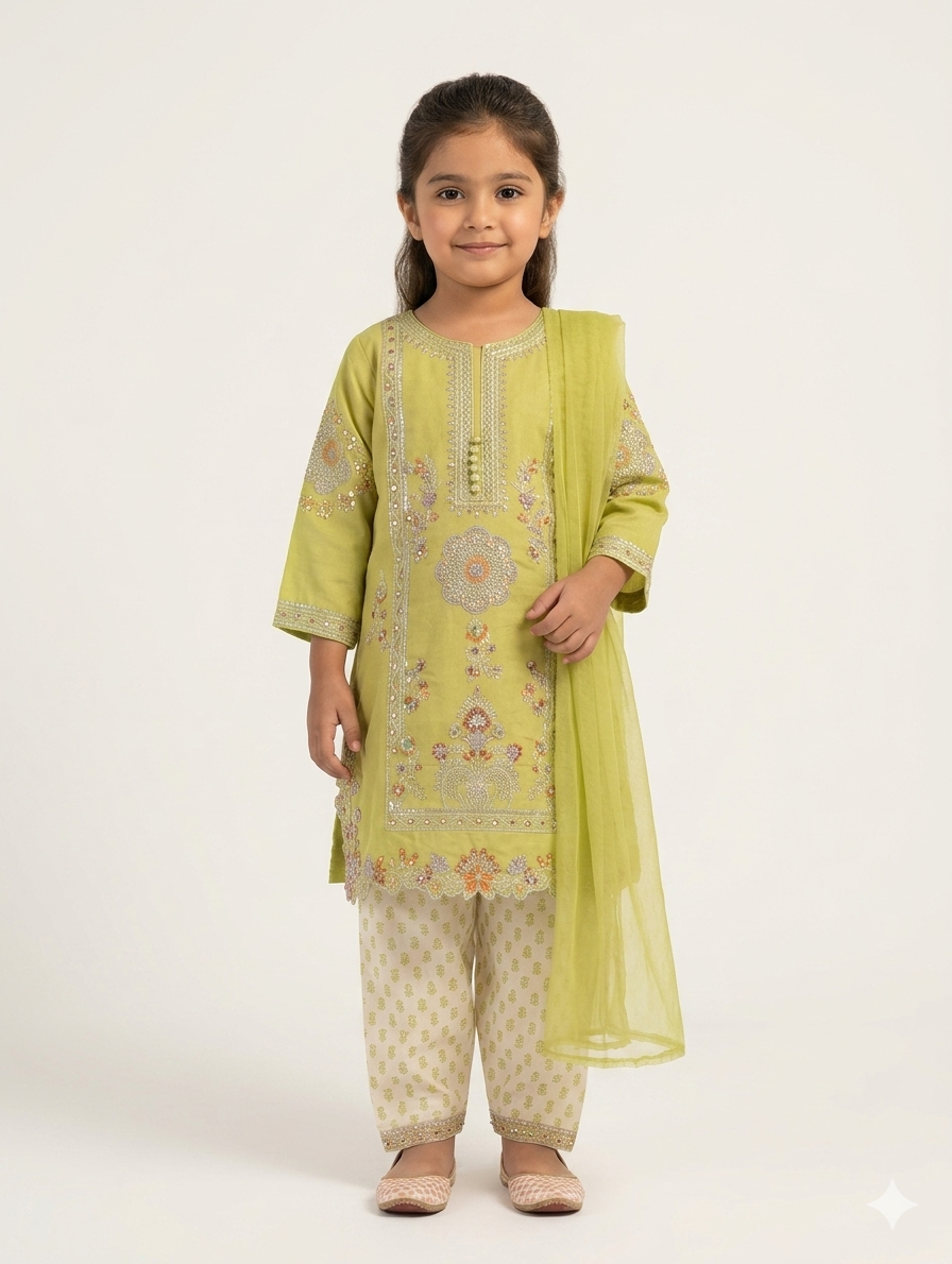 Premium Girls Intricate Mirror Work Embroidered Tunic Set With Printed Trousers and Chiffon Dupatta
