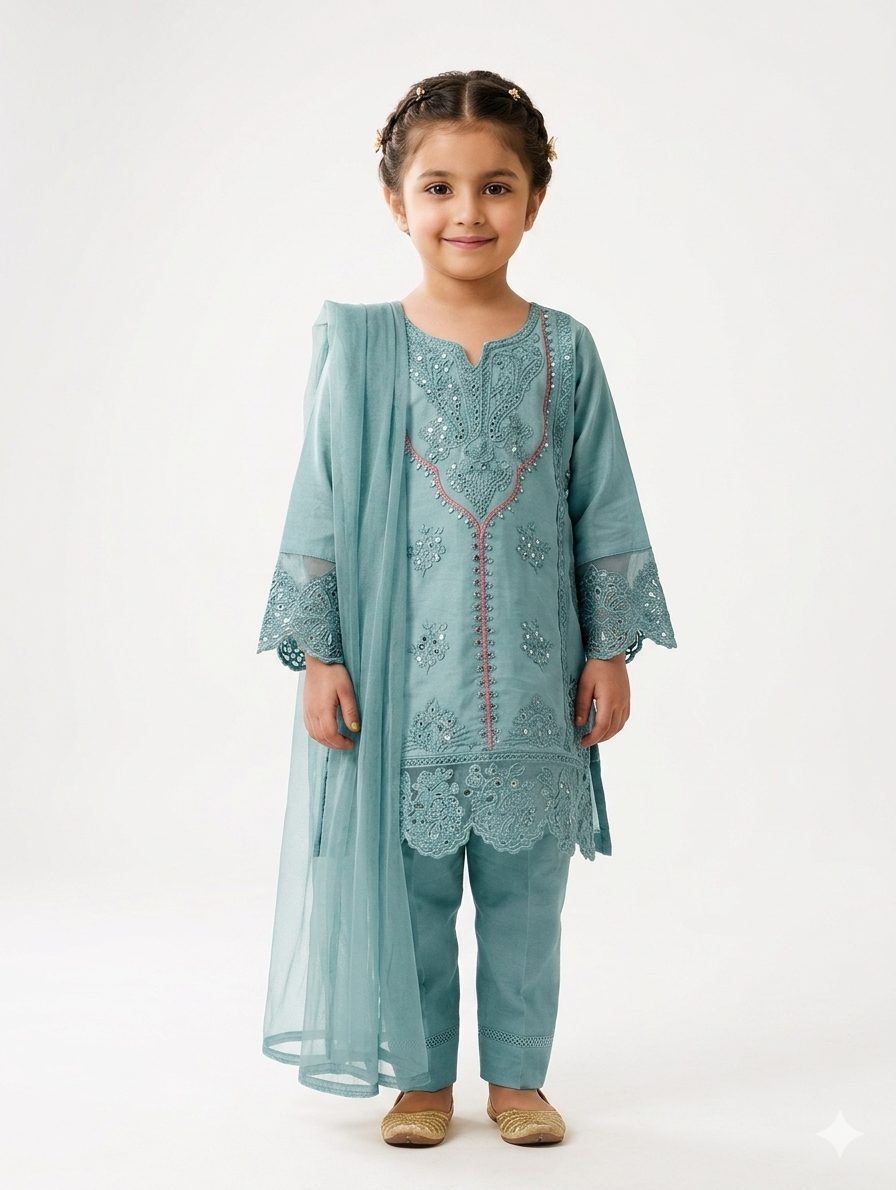 Elegant Embroidered Kids Salwar Kameez Set with Matching Dupatta and Trousers for Festive Celebrations