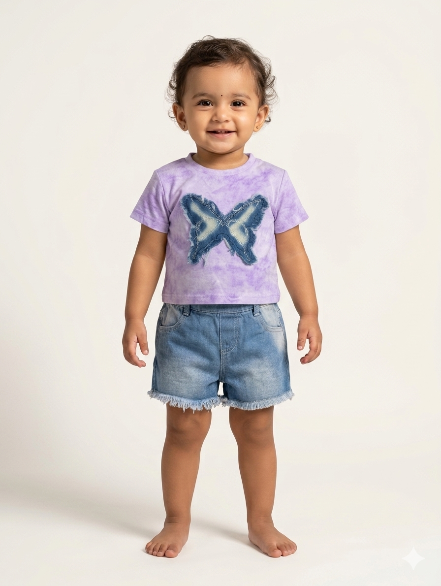 Toddler Girl Butterfly Graphic Tie-Dye T-Shirt and Frayed Denim Shorts Two-Piece Summer Outfit Set