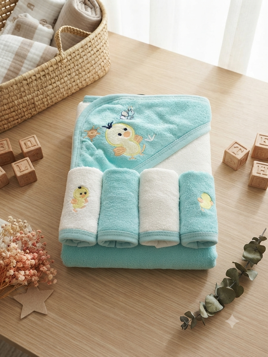 Premium Cotton Baby Hooded Bath Towel And Washcloth Set For Soft Newborn Skincare Routine