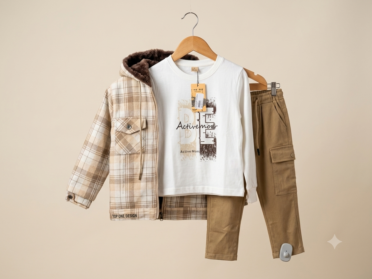 Charming Beige Plaid Hooded Jacket White T-Shirt And Cargo Trousers 3-Piece Set