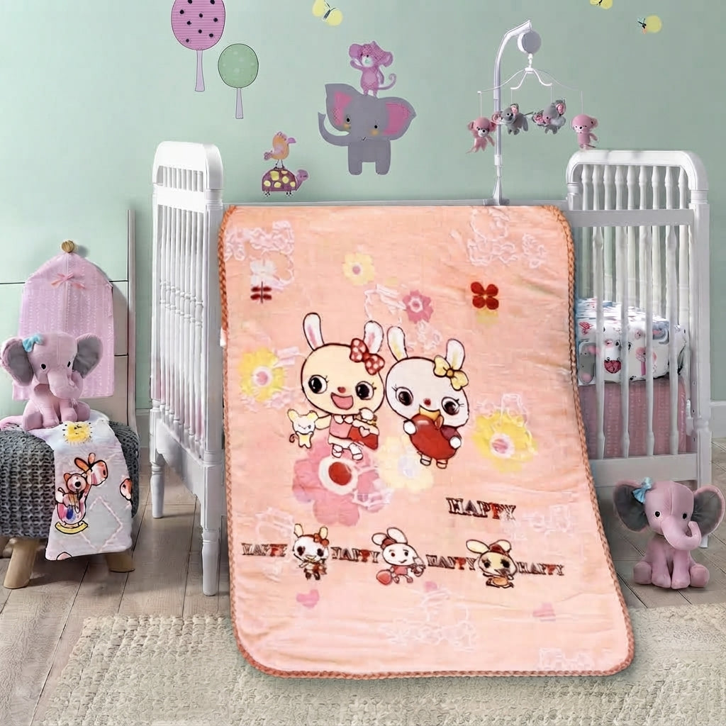 Cute Peach Happy Bunny Print Soft Flannel Baby Blanket For Cozy Nursery Bedding