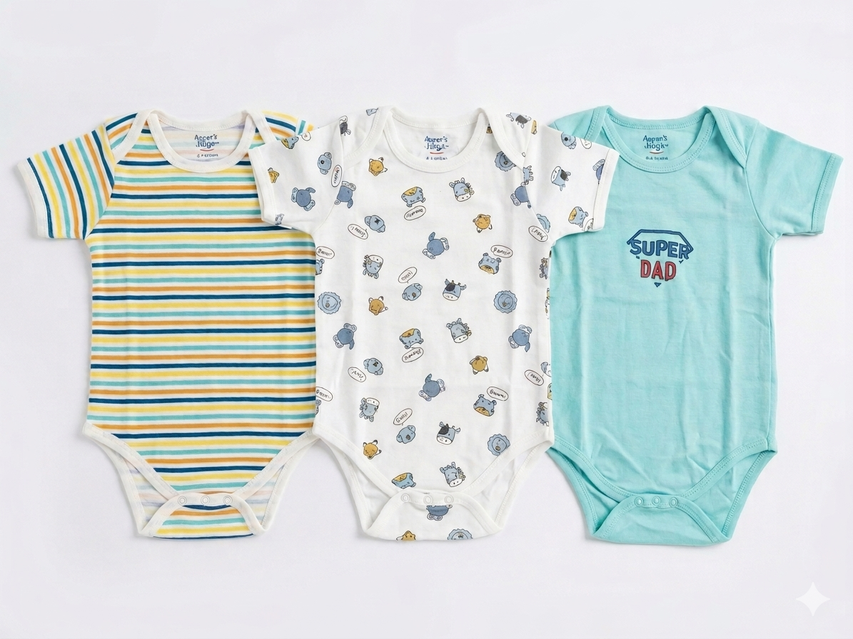 3 Pack Baby Bodysuit Set Featuring Colorful Stripes Animal Prints and Super Dad Graphic