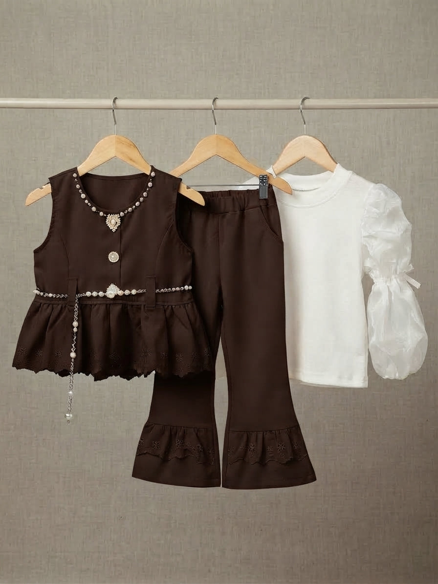 Stylish Kids Three Piece Outfit Set With Peplum Top And Bell Bottom Trousers