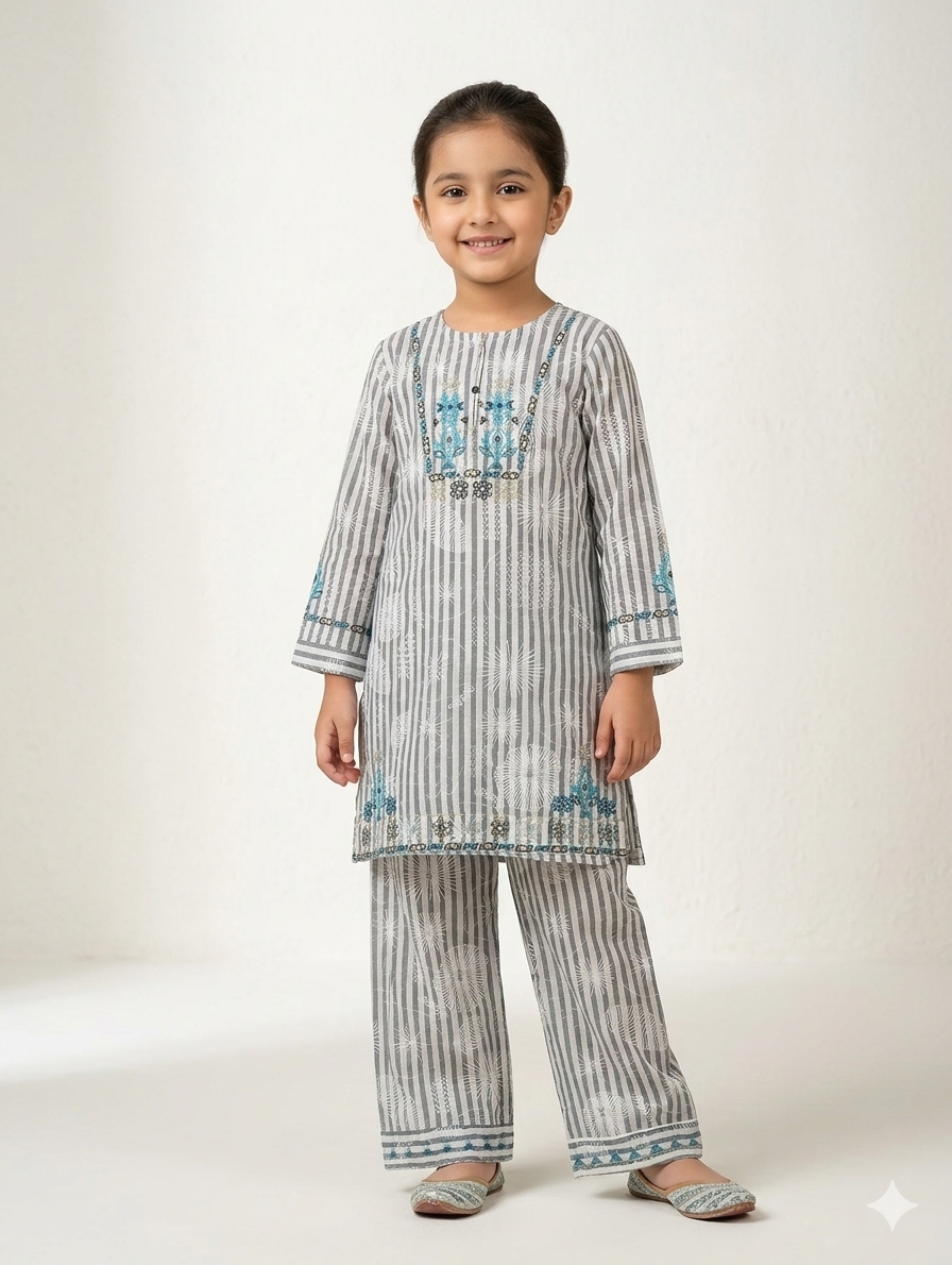 Girls Grey Striped Cotton Kurta Set with Blue Floral Embroidery and Matching Wide Leg Trousers