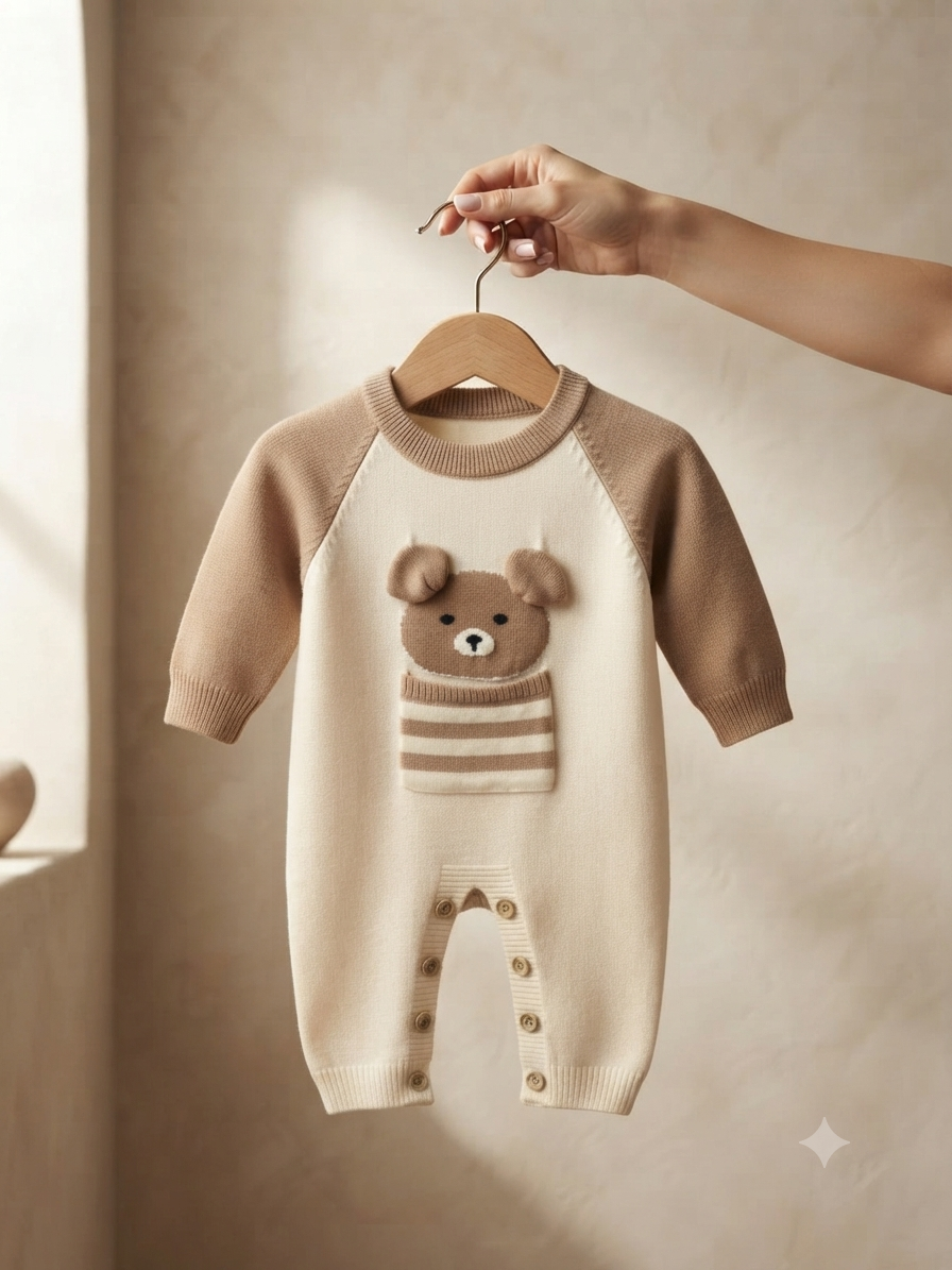 Cute Knitted Baby Bear Romper Soft Warm Cotton Onesie Jumpsuit For Newborn Toddler Clothes