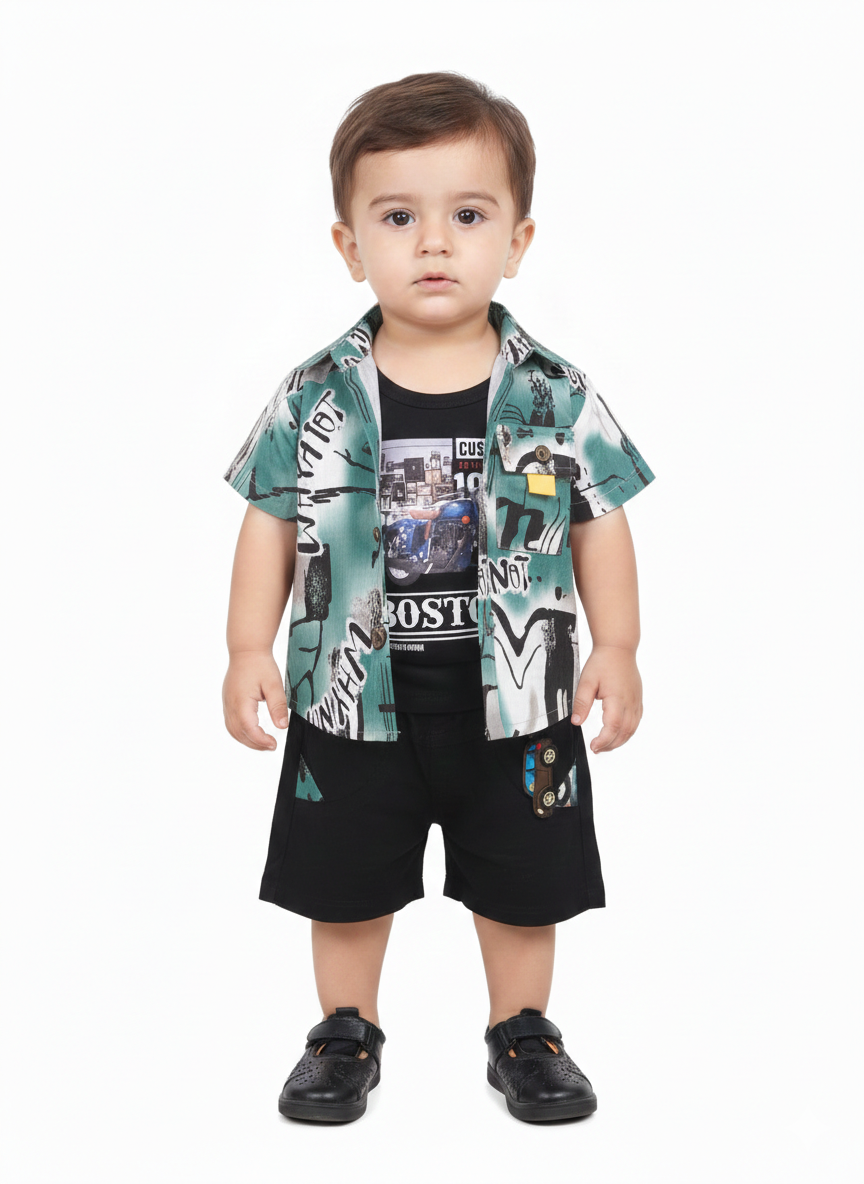 Boys' Urban Three-Piece Streetwear Set with Graphic Button-Down Shirt and Car Detail Shorts