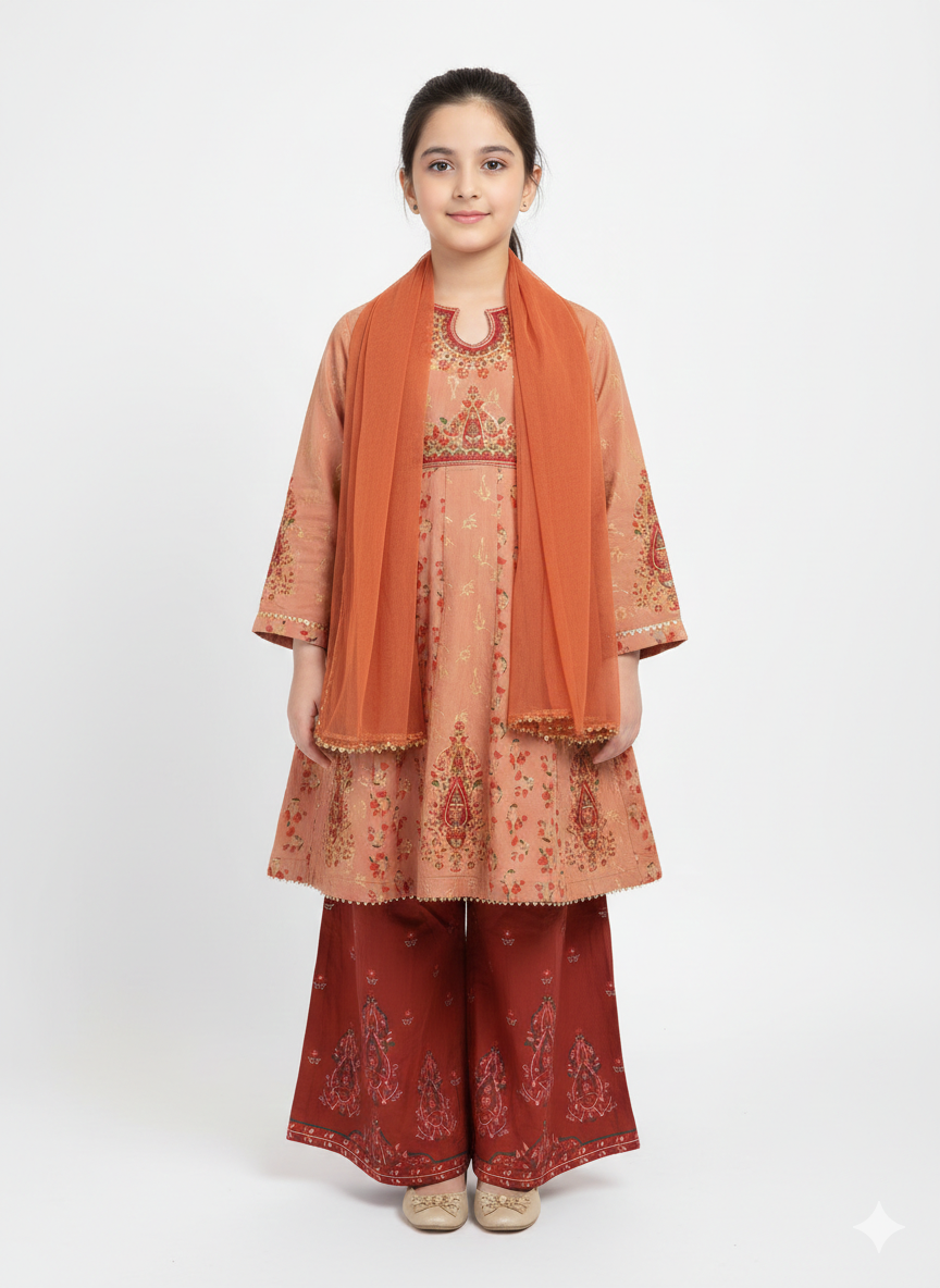 Elegant Girls' Floral Print Peplum Frock with Wide-Leg Gharara and Matching Chiffon Dupatta