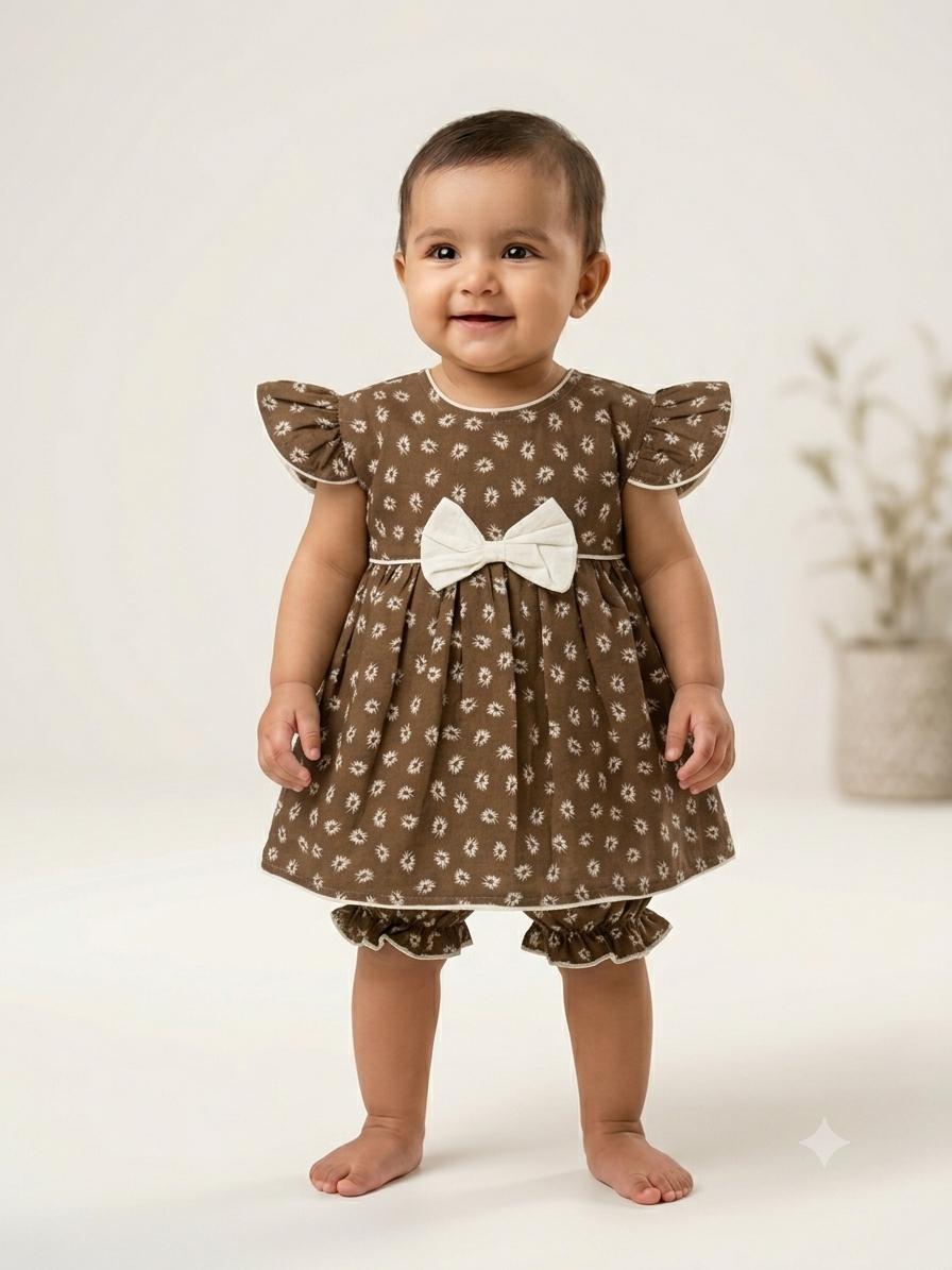 Elegant Earth-Tone Floral Cotton Frock with Matching Bloomer Set for Baby Girls