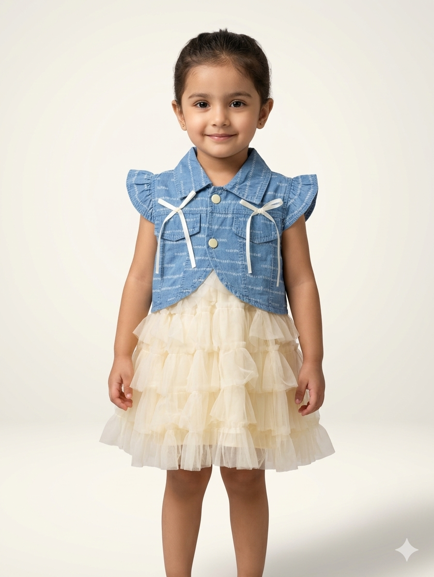 Girls Denim Vest and Tiered Tulle Tutu Dress Two-Piece Party Outfit Set For Toddlers