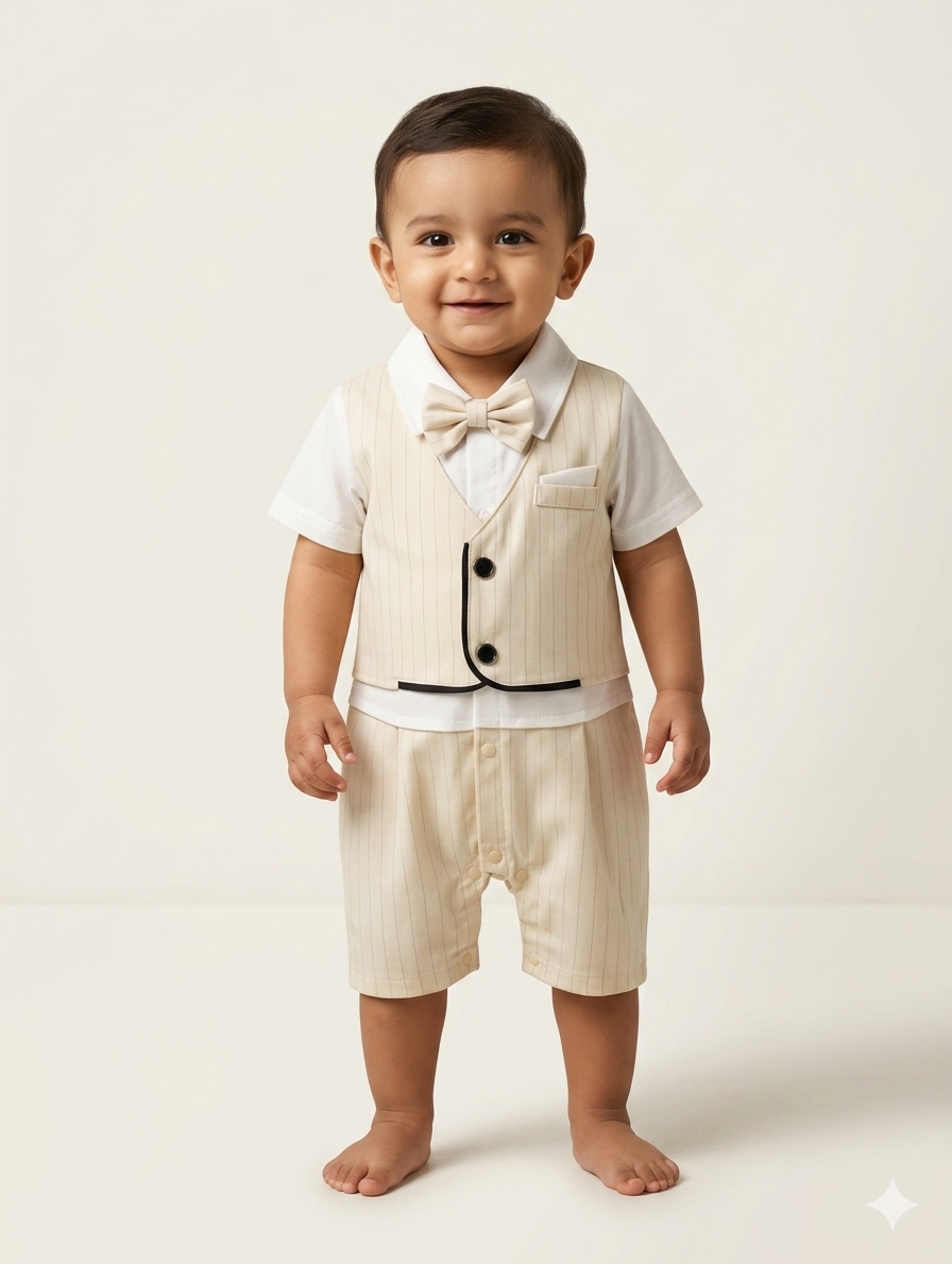 Dapper Baby Boy Formal Suit Set with Vest Bow Tie and Matching Short Romper Pants