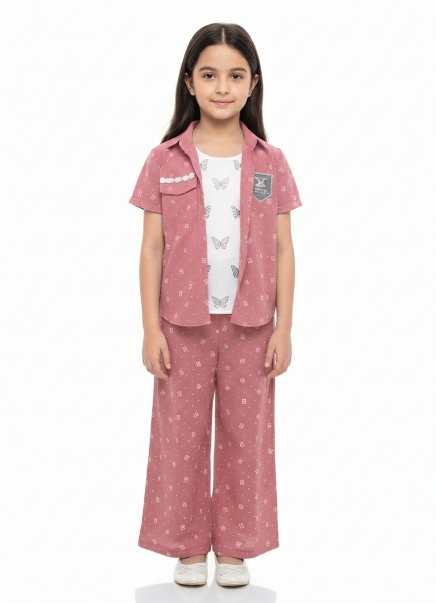 Chic Girls' Geometric Print 2-Piece Co-ord Set with Short Sleeve Shirt and Wide-Leg Trousers
