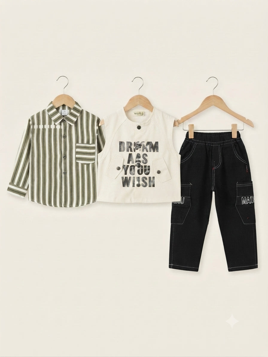 14-Word Title: Boys Olive Striped Shirt Matching Vest And Black Cargo Trousers 3 Piece Outfit Set