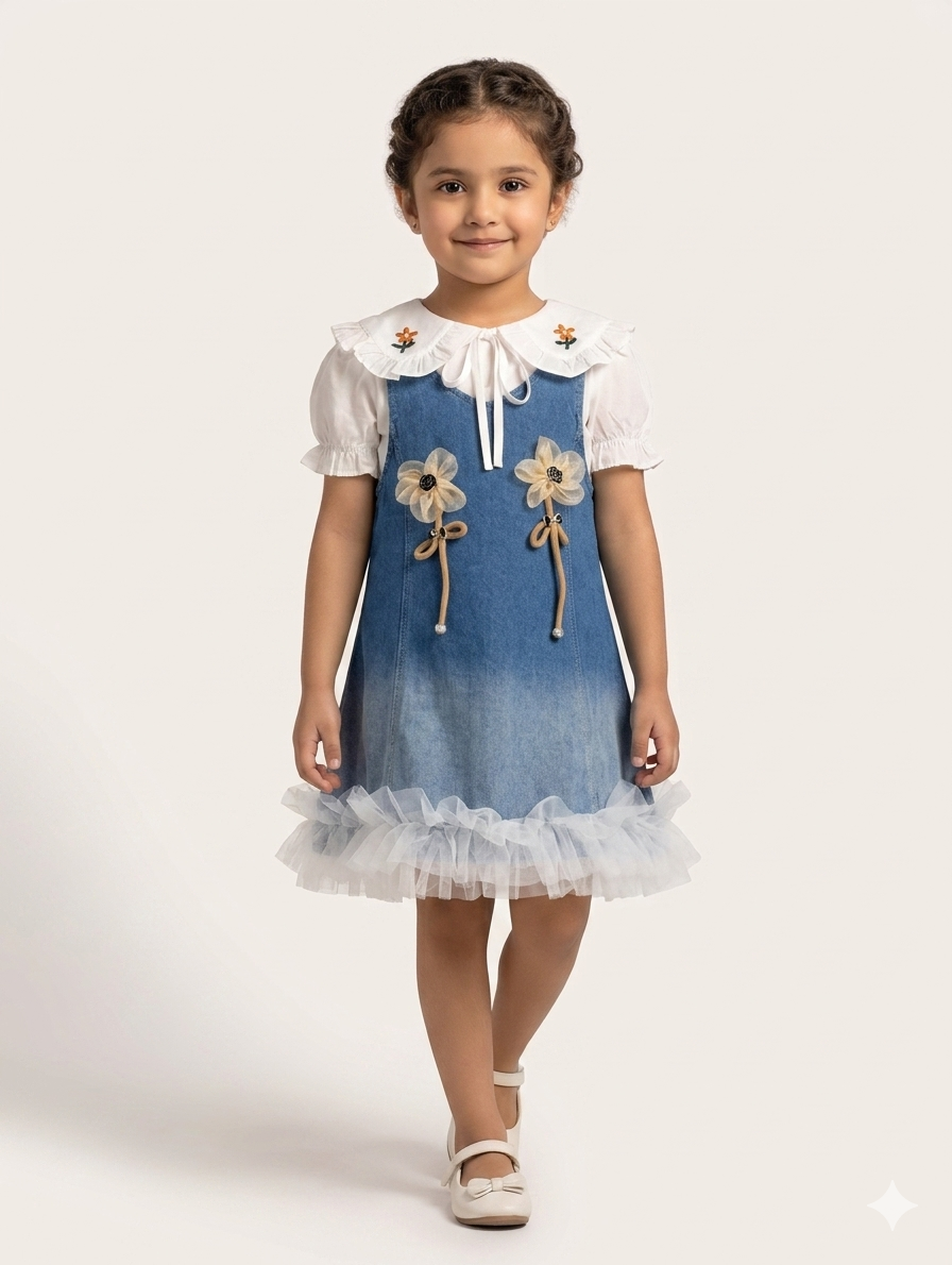 Girls Ombre Denim Pinafore Dress Set With Embroidered Peter Pan Collar And Tulle Trim