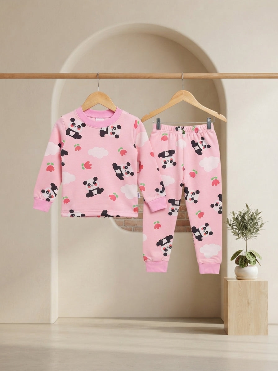 Cute pink panda print winter sweatshirt and matching trouser set for kids daily wear.