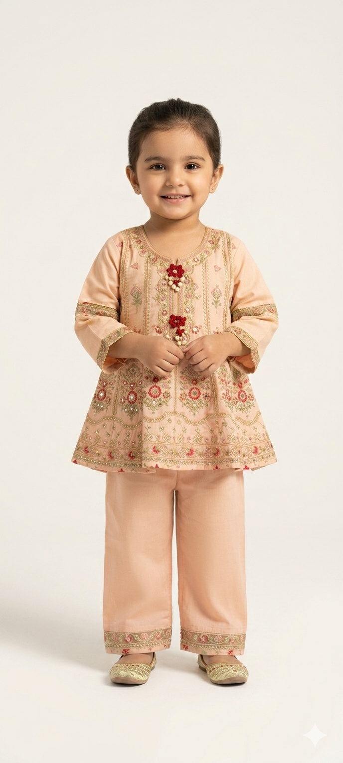 Girls' Embroidered Peplum Kurta and Wide-Leg Pants Two-Piece Eid Outfit Set