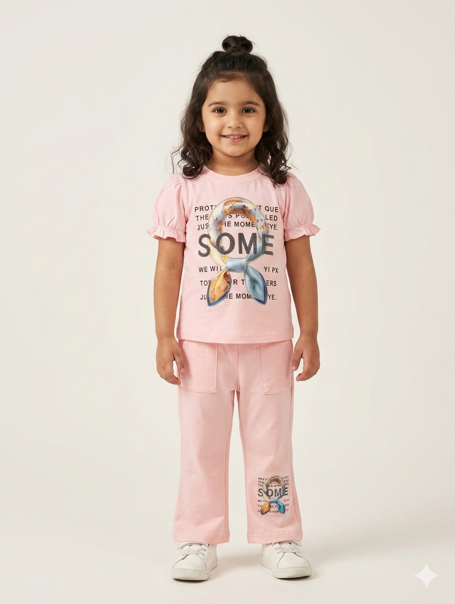Baby Girl Stylish Puff Sleeve Graphic T-Shirt and Matching Pocket Trousers Two Piece Set