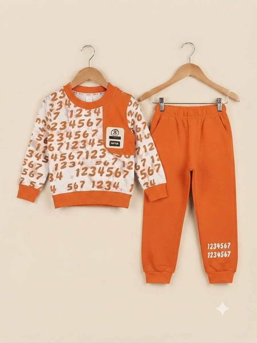 Stylish Number Print Kids Fleece Tracksuit Sweatshirt And Joggers Winter Outfit Set