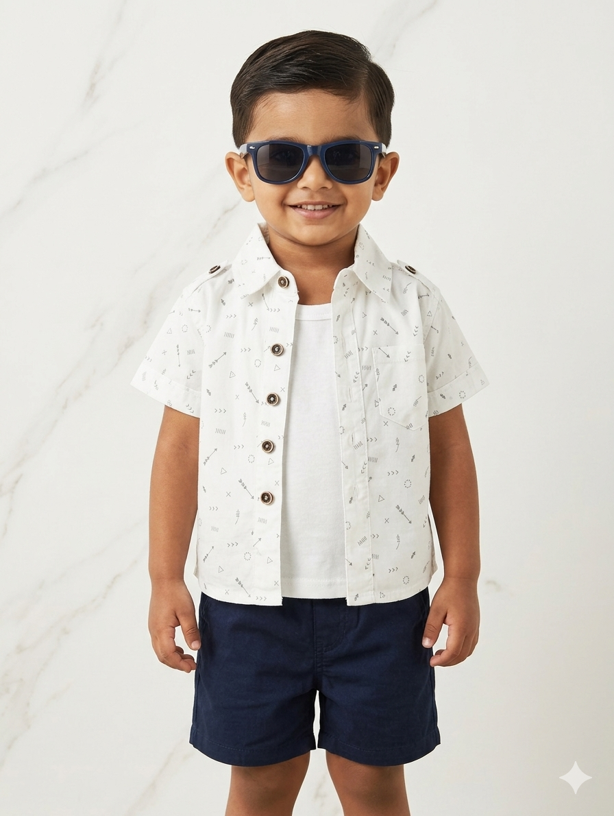 Toddler Boys' White Geometric Print Button-Down Shirt and Navy Chino Shorts Three-Piece Summer Set