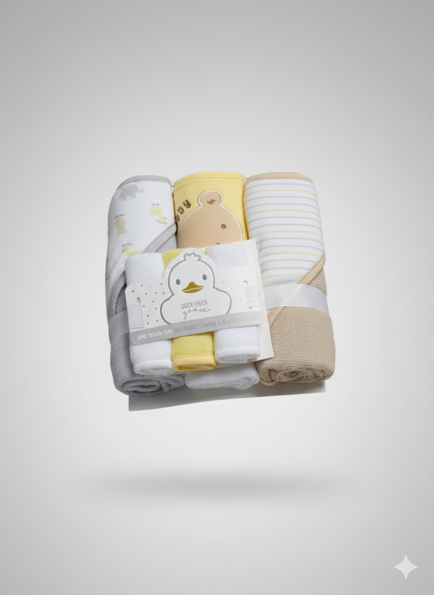 Duck Duck Goose Baby Boy 6-Piece Bath Set | 3 Hooded Towels 3 Washcloths | Yellow Bear