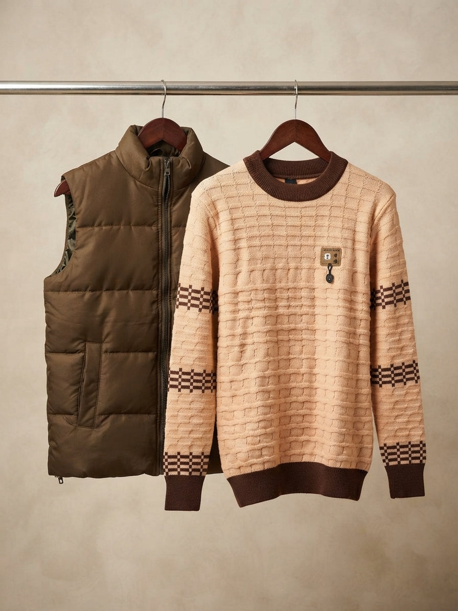 Stylish Kids Puffer Vest And Patterned Long Sleeve Knitted Winter Outfit Combo
